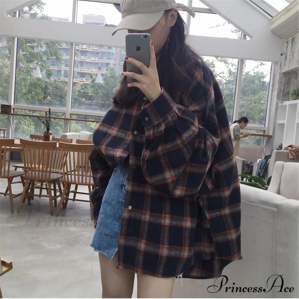 Korean Flannel Plaid Boyfriend Oversized Blouse for Autumn Street Tunic Shirts Blouse Tops