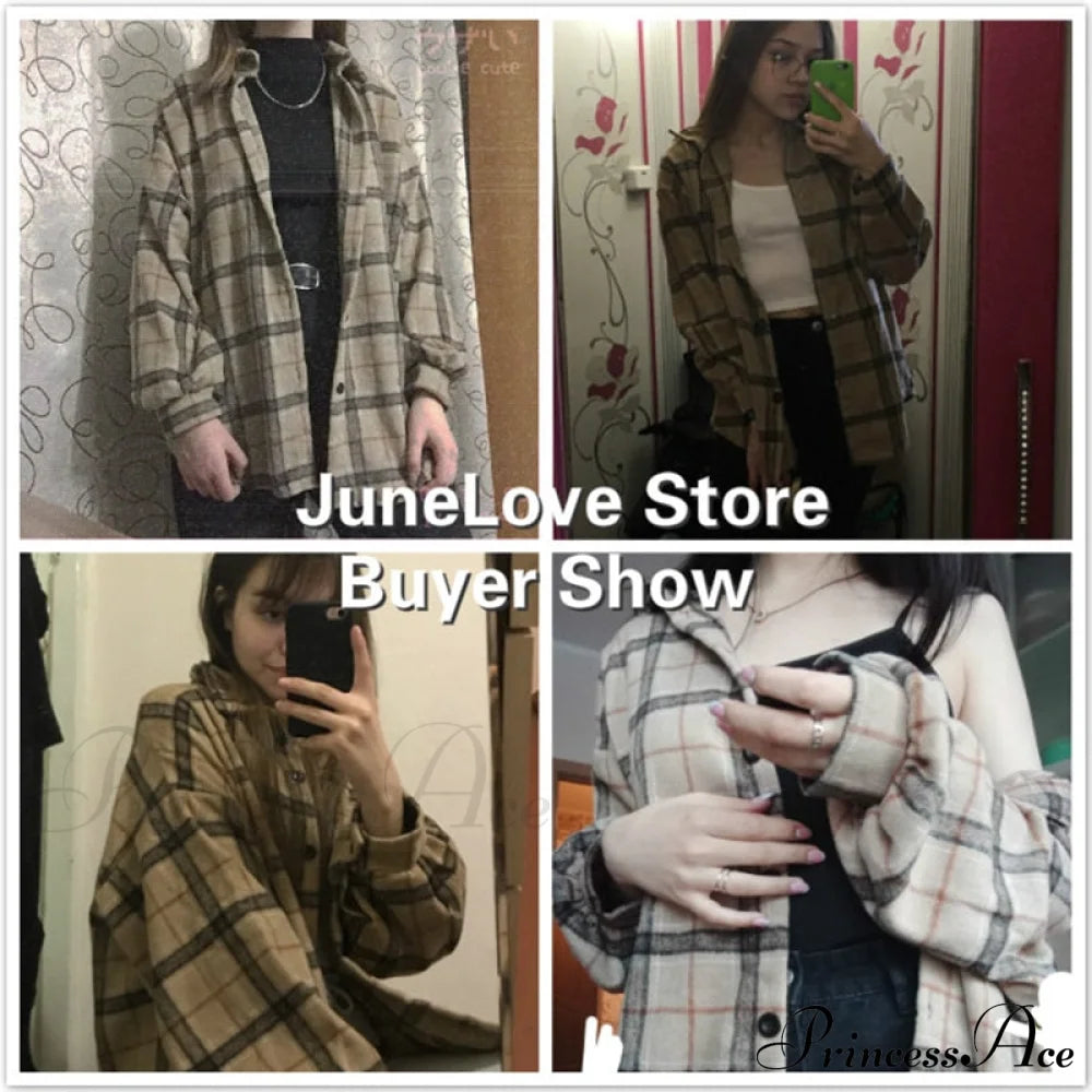 Korean Flannel Plaid Boyfriend Oversized Blouse for Autumn Street Tunic Shirts Blouse Tops