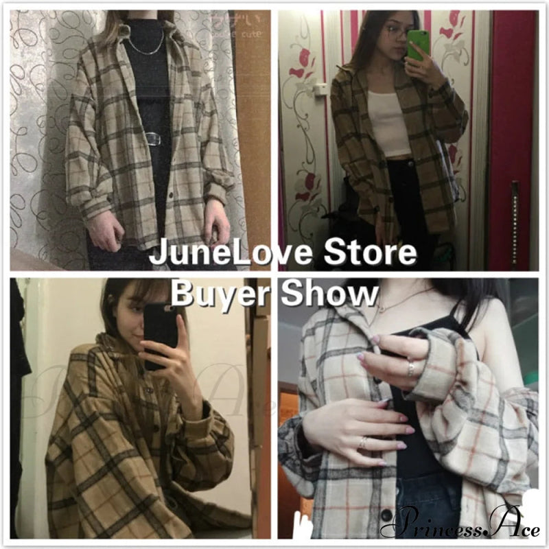 Korean Flannel Plaid Boyfriend Oversized Blouse for Autumn Street Tunic Shirts Blouse Tops