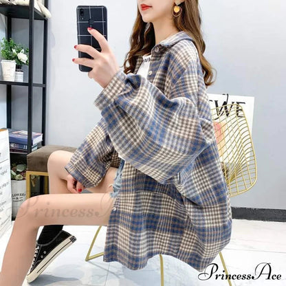 Korean Flannel Plaid Boyfriend Oversized Blouse for Autumn Street Tunic Shirts Blouse Tops