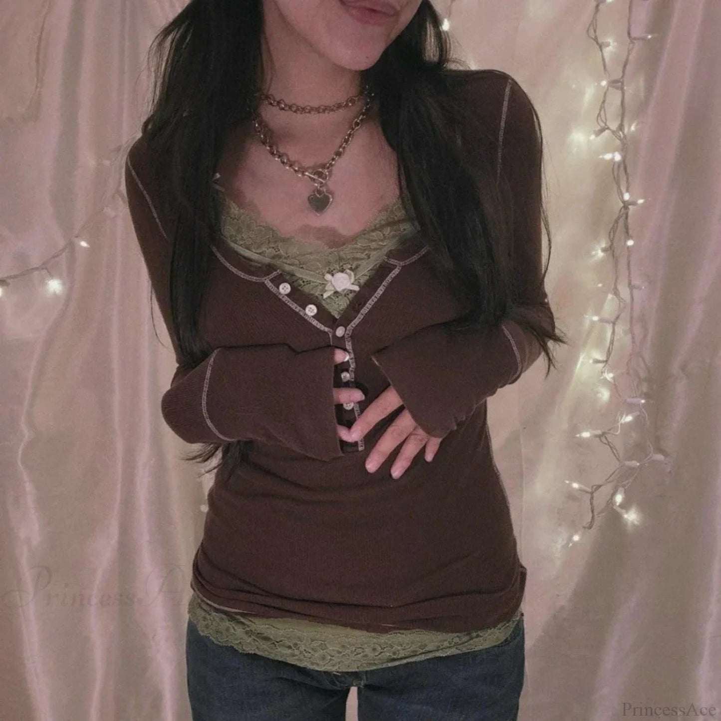 Korean Retro Ribbed Knit T-shirt Button Up Long Sleeve Sweater