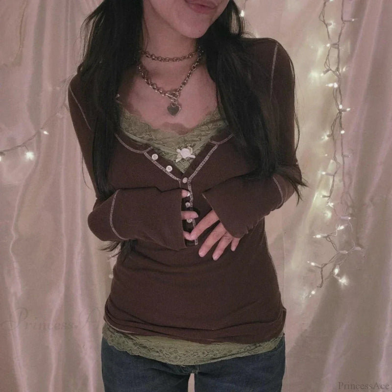 Korean Retro Ribbed Knit T-shirt Button Up Long Sleeve Sweater