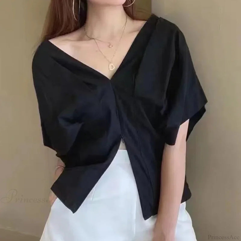Korean Ruffle Design V-neck Short Sleeve Blouse