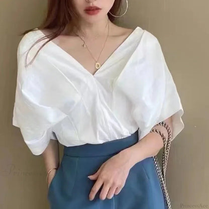 Korean Ruffle Design V-neck Short Sleeve Blouse
