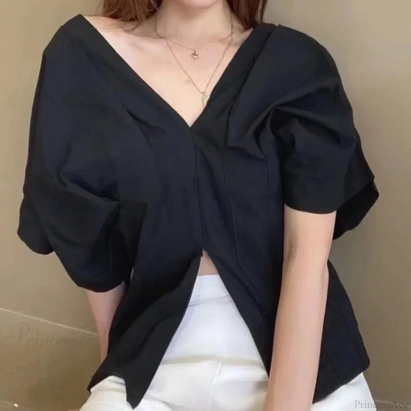 Korean Ruffle Design V-neck Short Sleeve Blouse