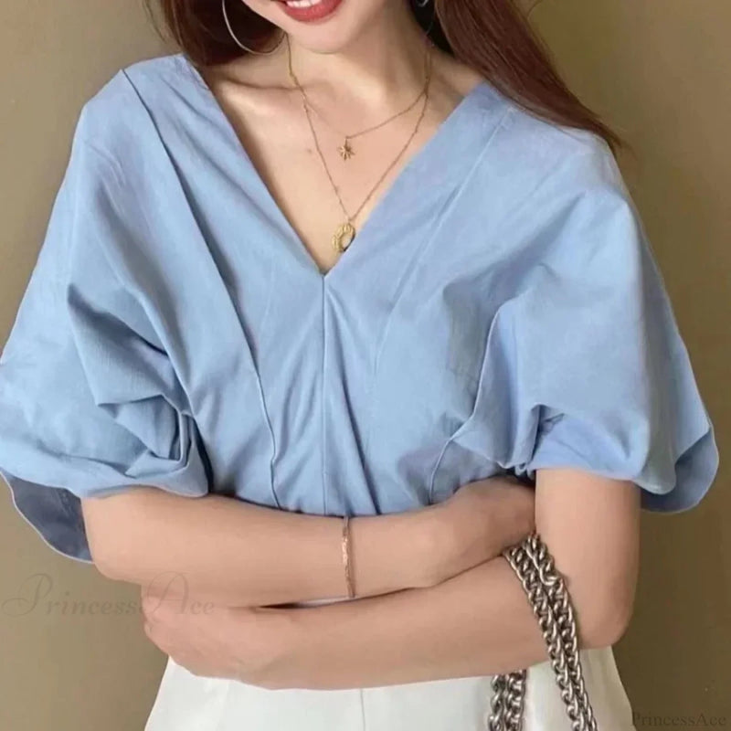 Korean Ruffle Design V-neck Short Sleeve Blouse