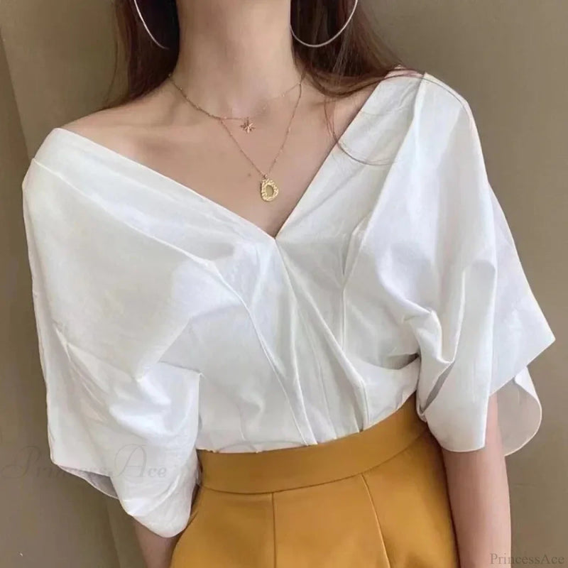 Korean Ruffle Design V-neck Short Sleeve Blouse