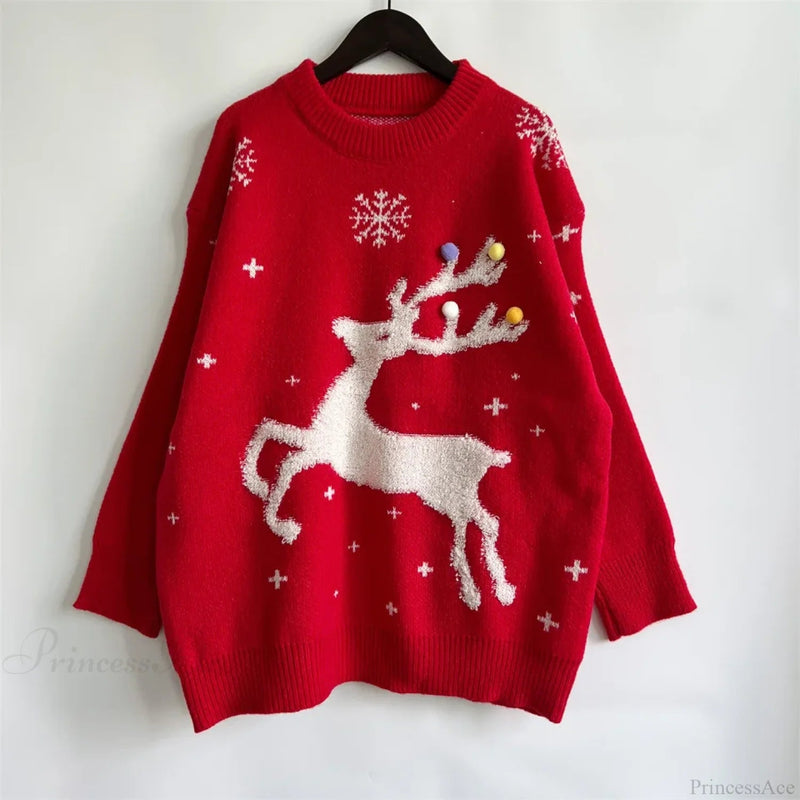 Korean Style Loose Christmas Pullover Red Christmas Sweater
