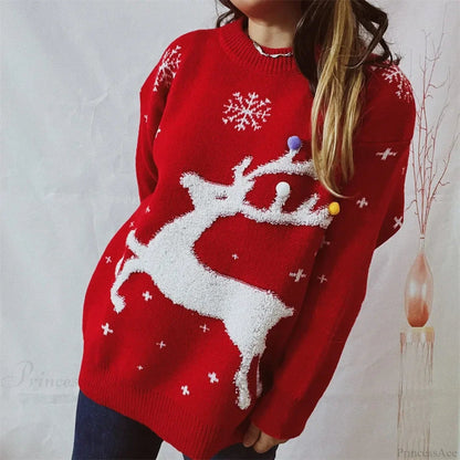 Korean Style Loose Christmas Pullover Red Christmas Sweater