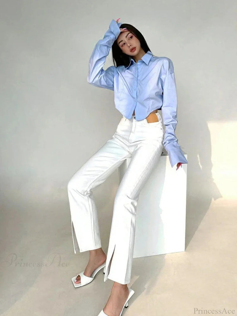 Korean Style Long Sleeve Button Crop Blouse