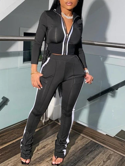 Basics Pocket Zipper Design Striped Pants Set Ar8019