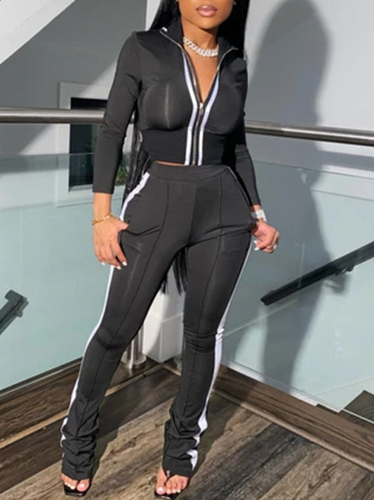 Basics Pocket Zipper Design Striped Pants Set Ar8019
