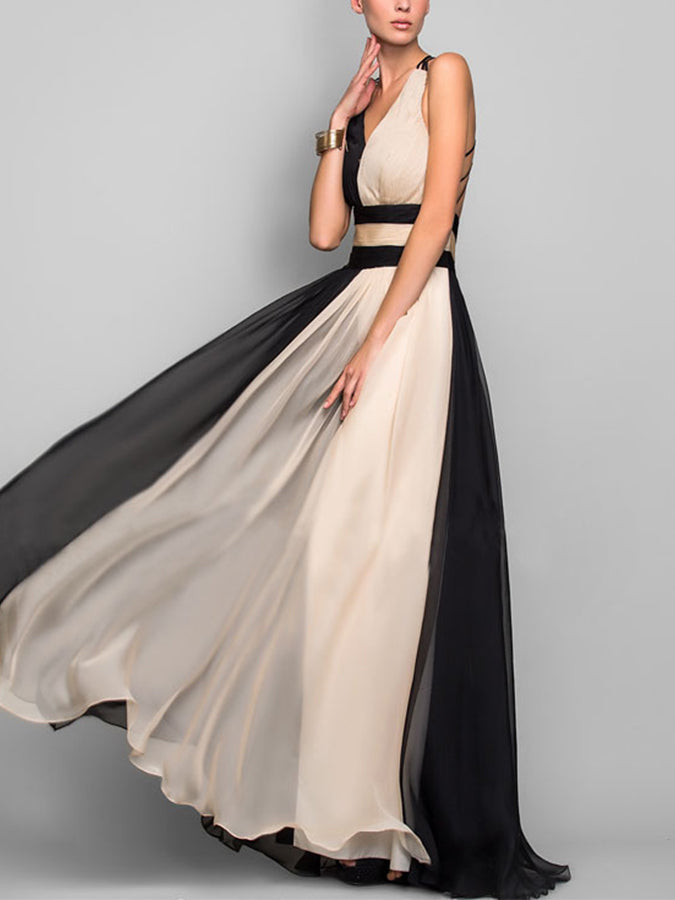 Slim and Contrast Color Sleeveless Long Dress