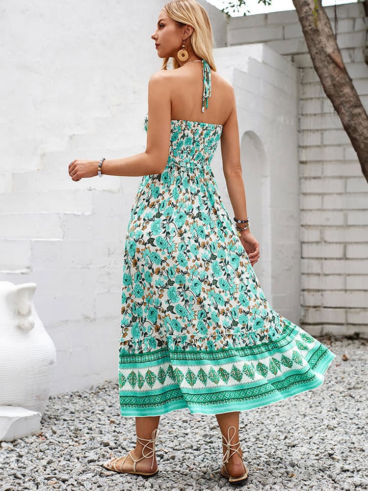 Print Smocked Chest Halter Neck Maxi Dress
