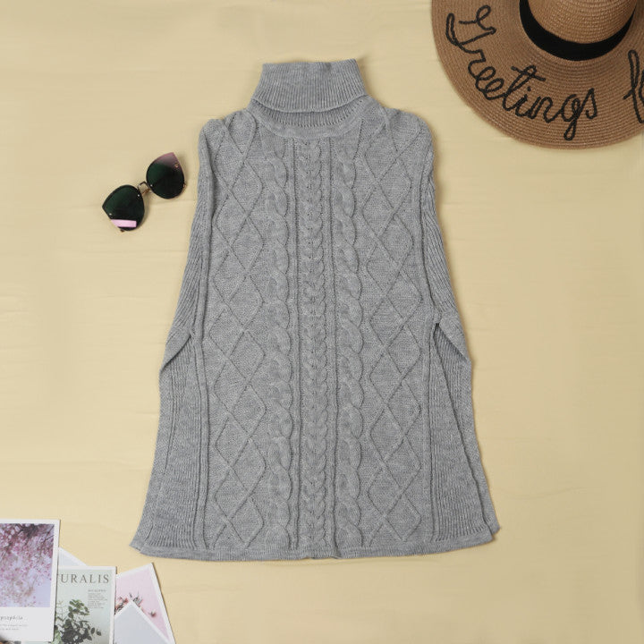 High Neck Loose Cable Knit Pattern Stitching Sweater (7 Colors)