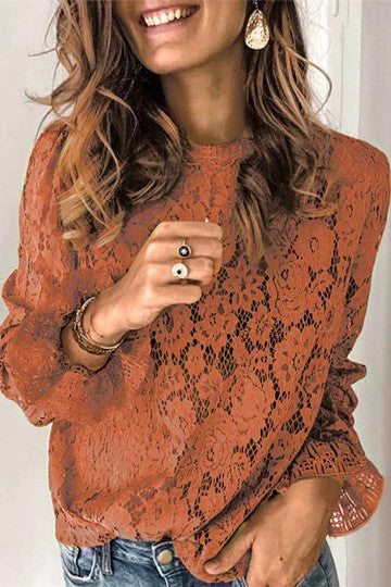 Long Sleeve Openwork Lace Blouse(4 Colors)