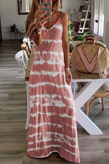 Chicindress V Neck Spaghetti Strap Tie-dye Maxi Dress(3 Colors)