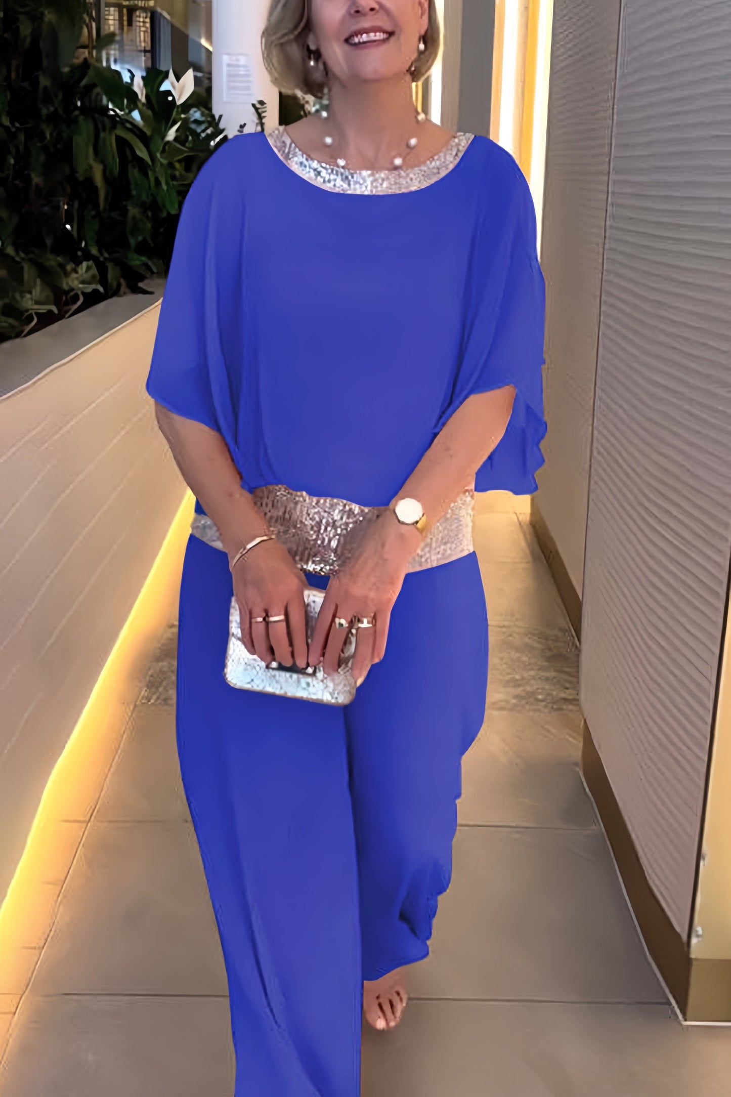 Sequins Patchwork Bat Sleeve Tops Pants Suits