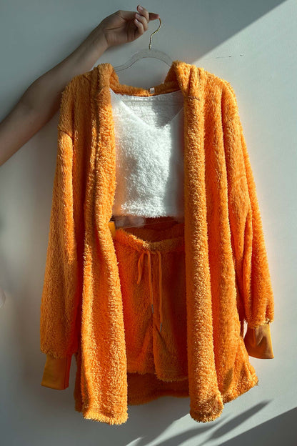 Plush Open-front Hoodie Vest Three Piece Shorts Set