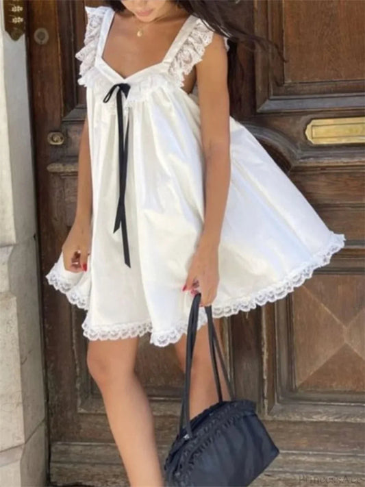 Lace Bowknot Embellished Mini Dress