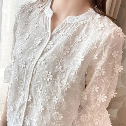 Lace Embroidered Short Sleeve White Blouse