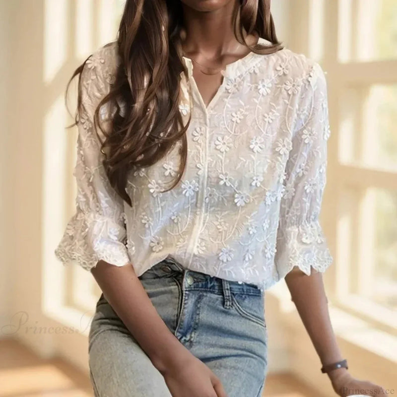 Lace Embroidered Short Sleeve White Blouse