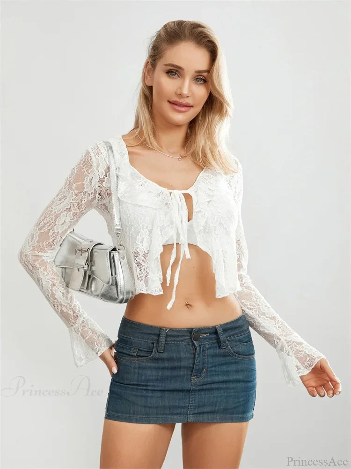 Lace Flare Sleeve Tie Up See Through Blouse