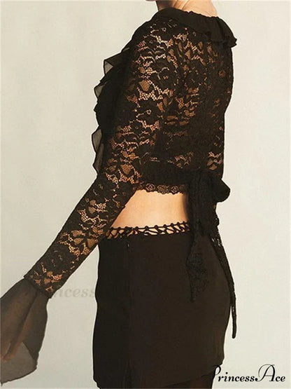 Lace Flora Flare Sleeve V Neck Ruffles Mesh Sheer T-shirts