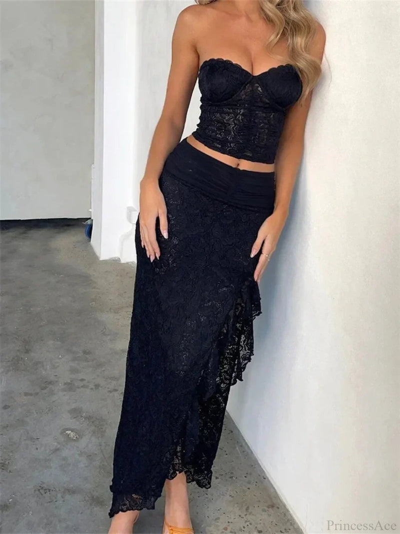 Lace Bustiers Crop Top High Split Long Skirt Set