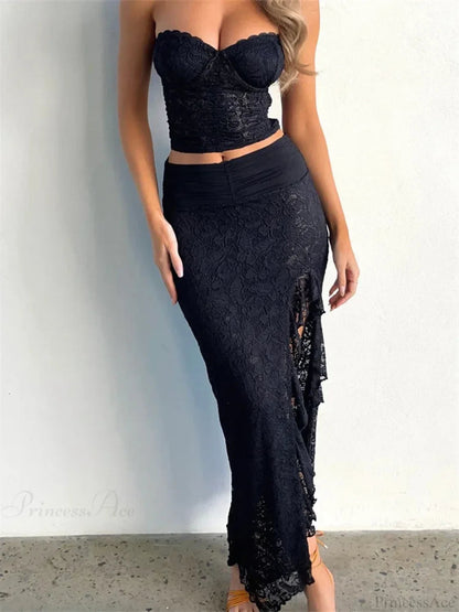 Lace Bustiers Crop Top High Split Long Skirt Set