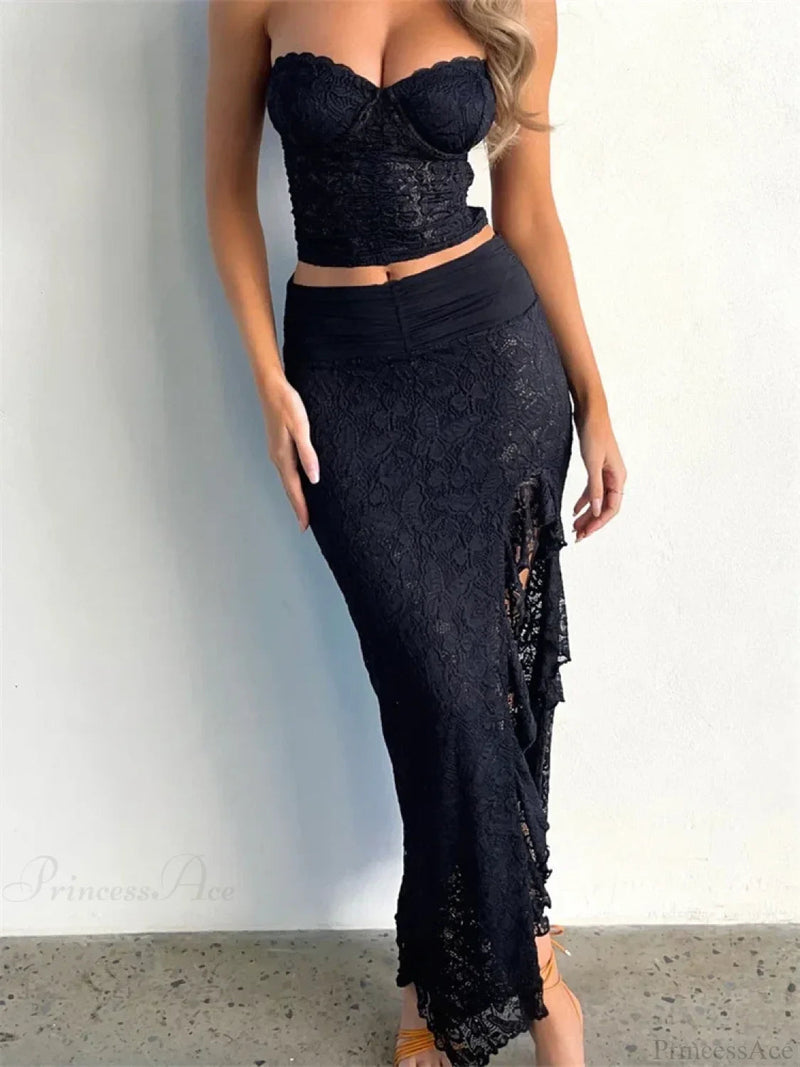 Lace Bustiers Crop Top High Split Long Skirt Set