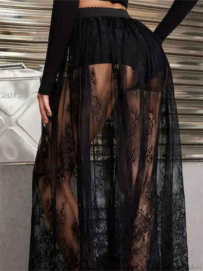 Lace Long Maxi Skirt Mesh Built-in Shorts Skirt