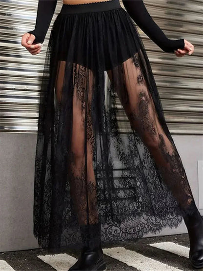 Lace Long Maxi Skirt Mesh Built-in Shorts Skirt