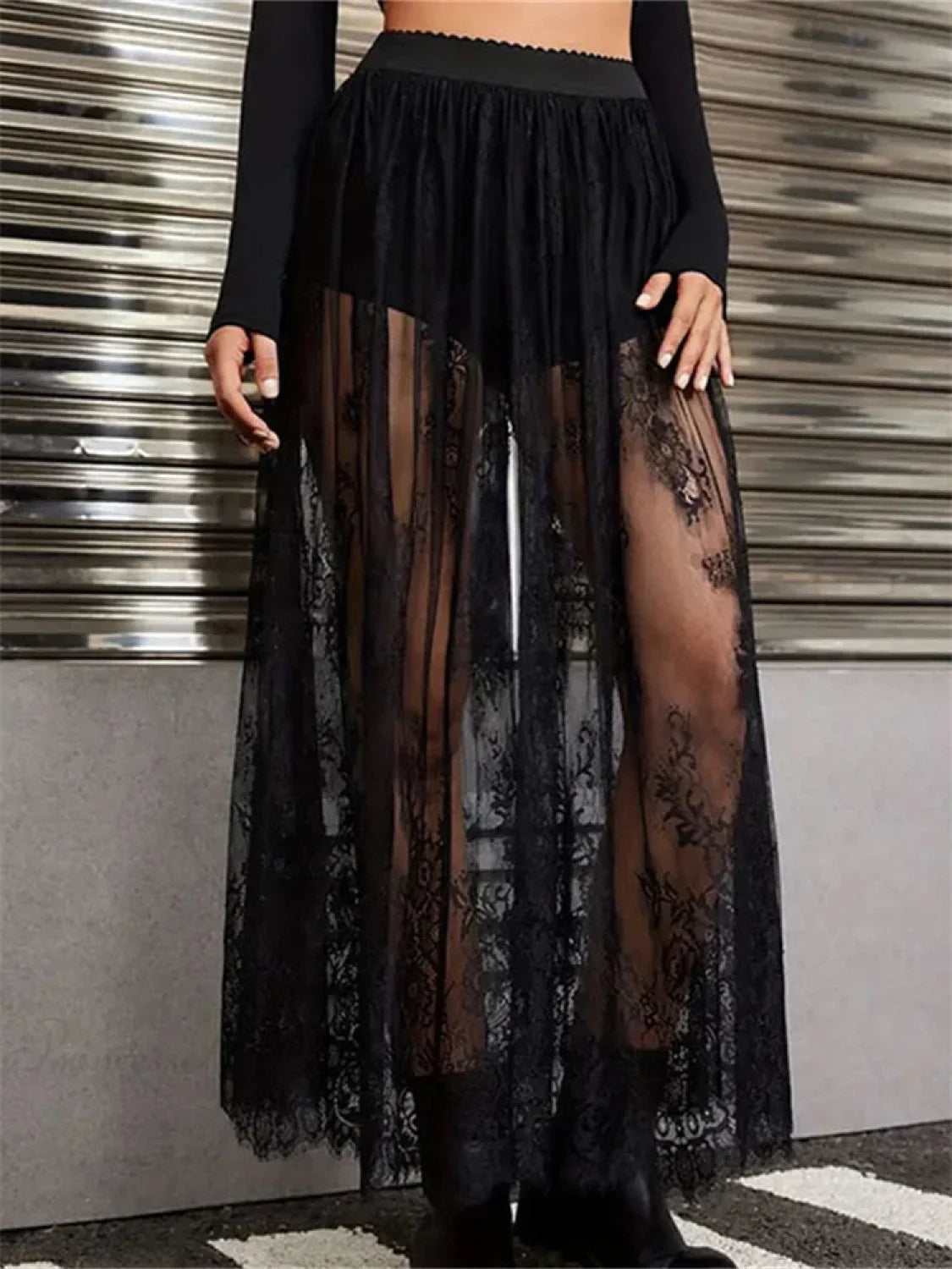 Lace Long Maxi Skirt Mesh Built-in Shorts Skirt