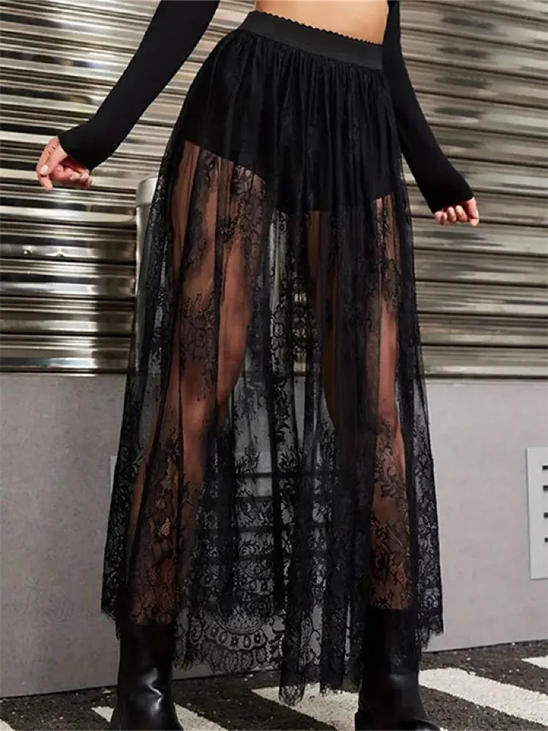 Lace Long Maxi Skirt Mesh Built-in Shorts Skirt