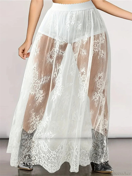 Lace Long Maxi Skirt Mesh Built-in Shorts Skirt
