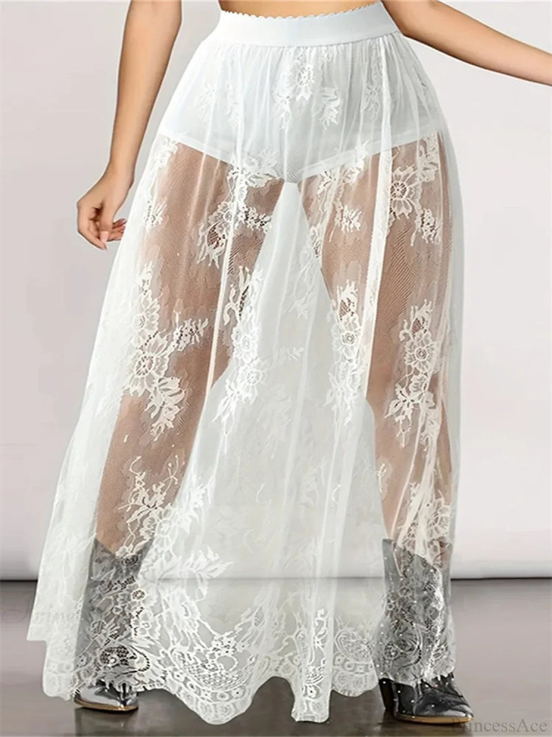 Lace Long Maxi Skirt Mesh Built-in Shorts Skirt
