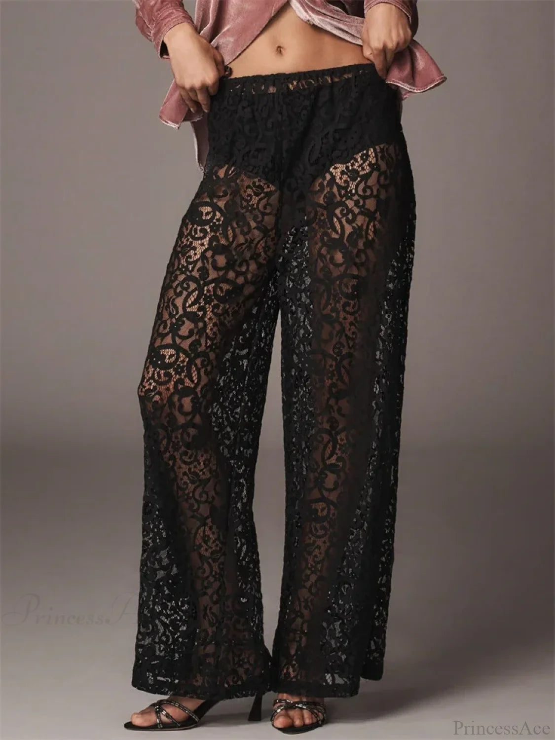 Lace Mesh See-through Black Wide Leg Pant