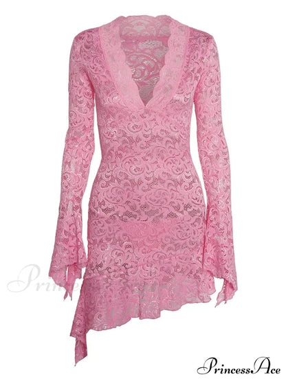 Lace See Through Irregular Hem Long Flare Mini Dress