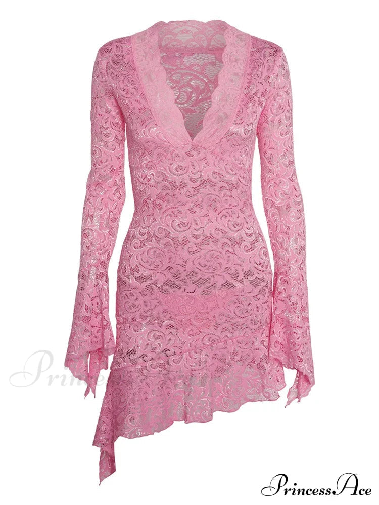 Lace See Through Irregular Hem Long Flare Mini Dress