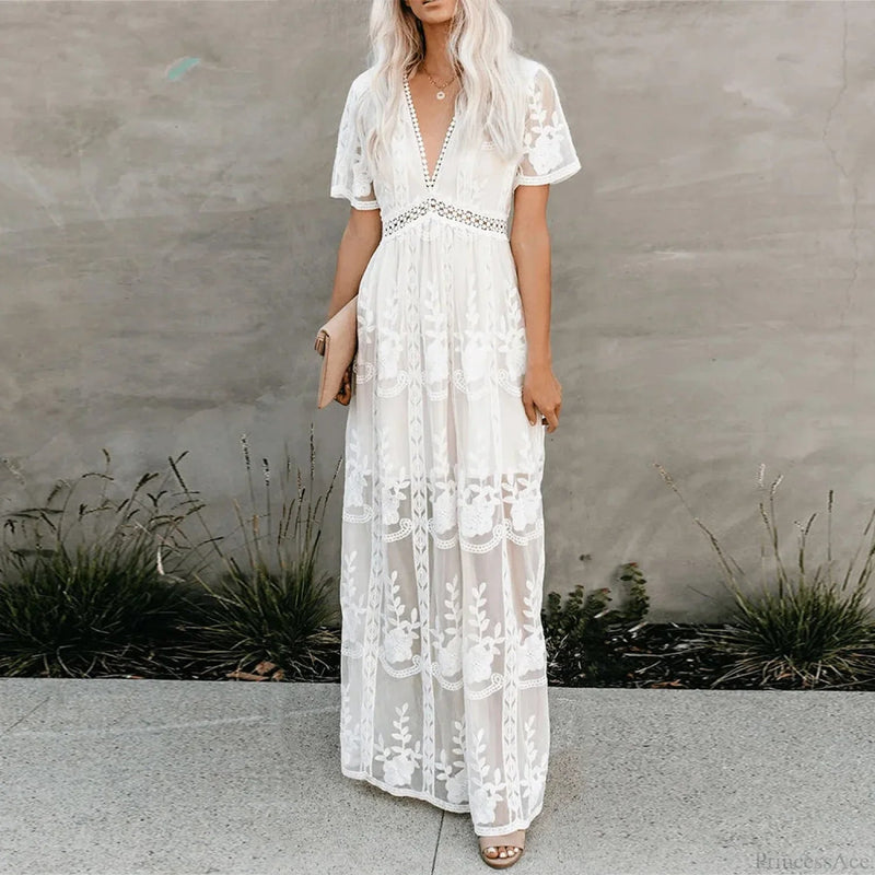 Lace Maxi Dress White Deep V-neck Summer Dress