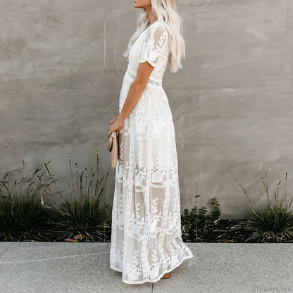 Lace Maxi Dress White Deep V-neck Summer Dress