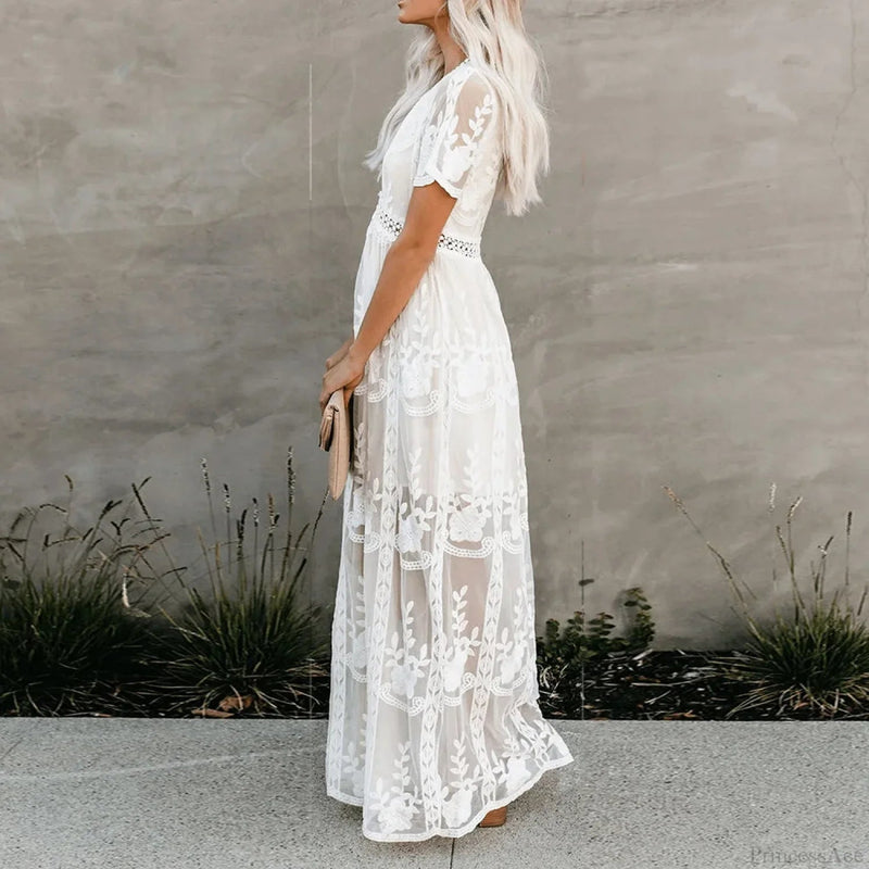 Lace Maxi Dress White Deep V-neck Summer Dress