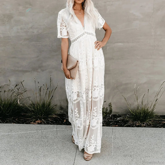 Lace Maxi Dress White Deep V-neck Summer Dress