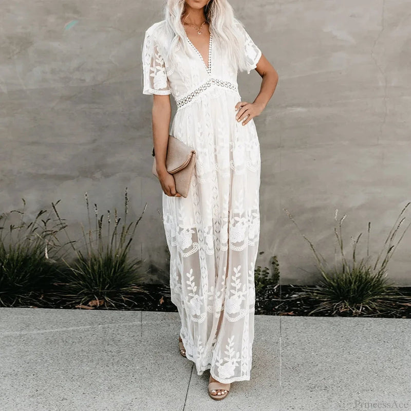 Lace Maxi Dress White Deep V-neck Summer Dress