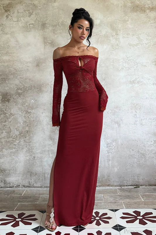 Lace Off Shoulder Bodycon Maxi Dress