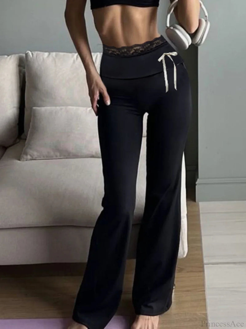 Lace Patchwork Bow Straight Y2k Pant