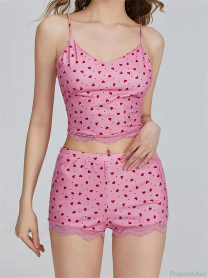 Lace Patchwork Heart Print Camis Crop Top With Shorts Pajama Set