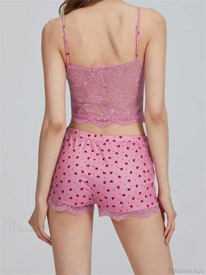 Lace Patchwork Heart Print Camis Crop Top With Shorts Pajama Set