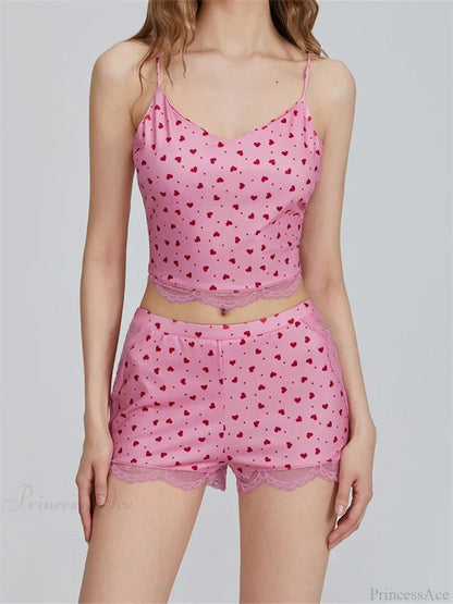 Lace Patchwork Heart Print Camis Crop Top With Shorts Pajama Set